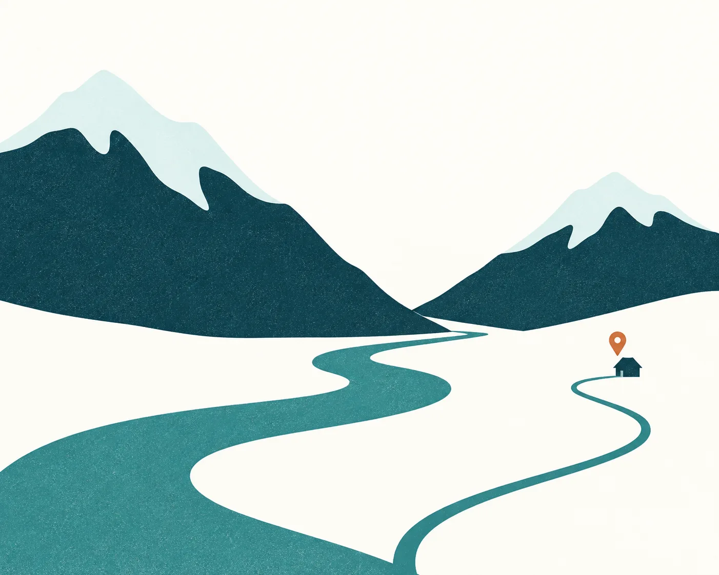 Mapa simple de un valle con río y camino que llega a la clínica, marcada con un pin cobre