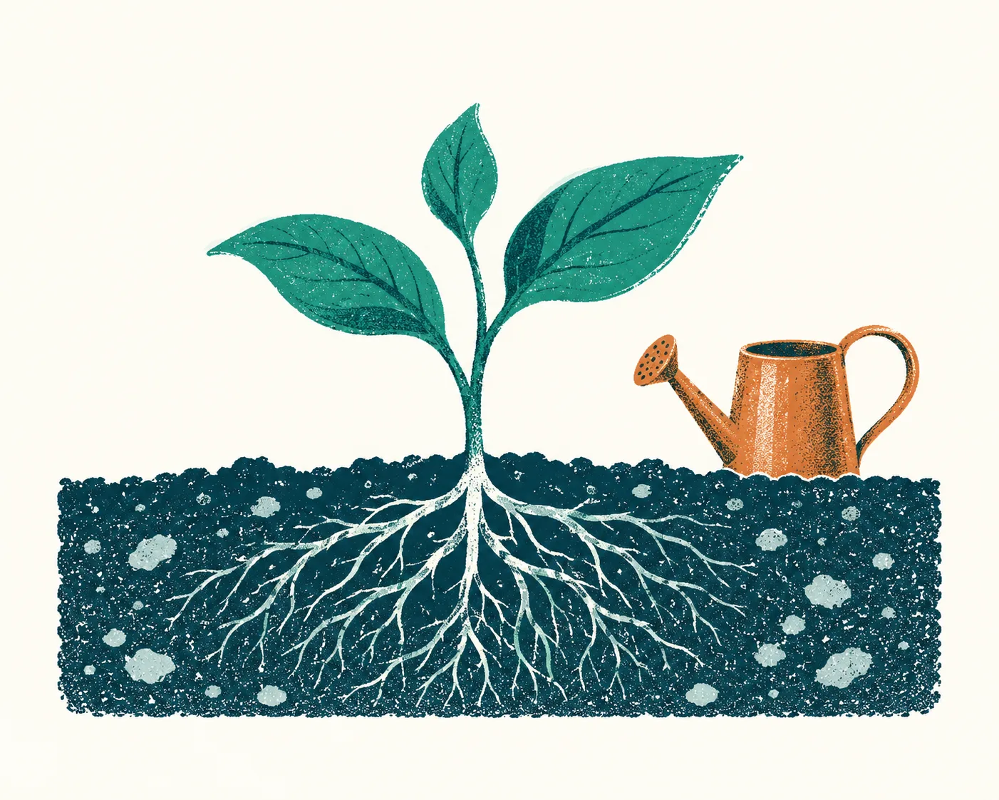 Brote sano con raíces en tierra firme junto a una regadera, como encías sanas